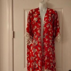 Vintage Charlotte Russe Sheer Red Floral Robe Lace Embellishments Women Medium
